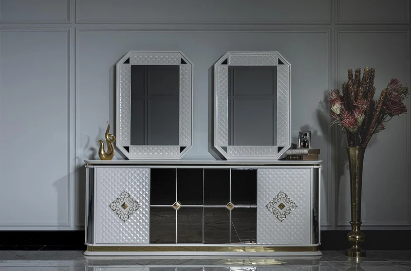 Casa Padrino Luxus Art Deco Möbel Set Weiß / Gold - 1 Sideboard & 2 Spiegel - Edel & Prunkvoll