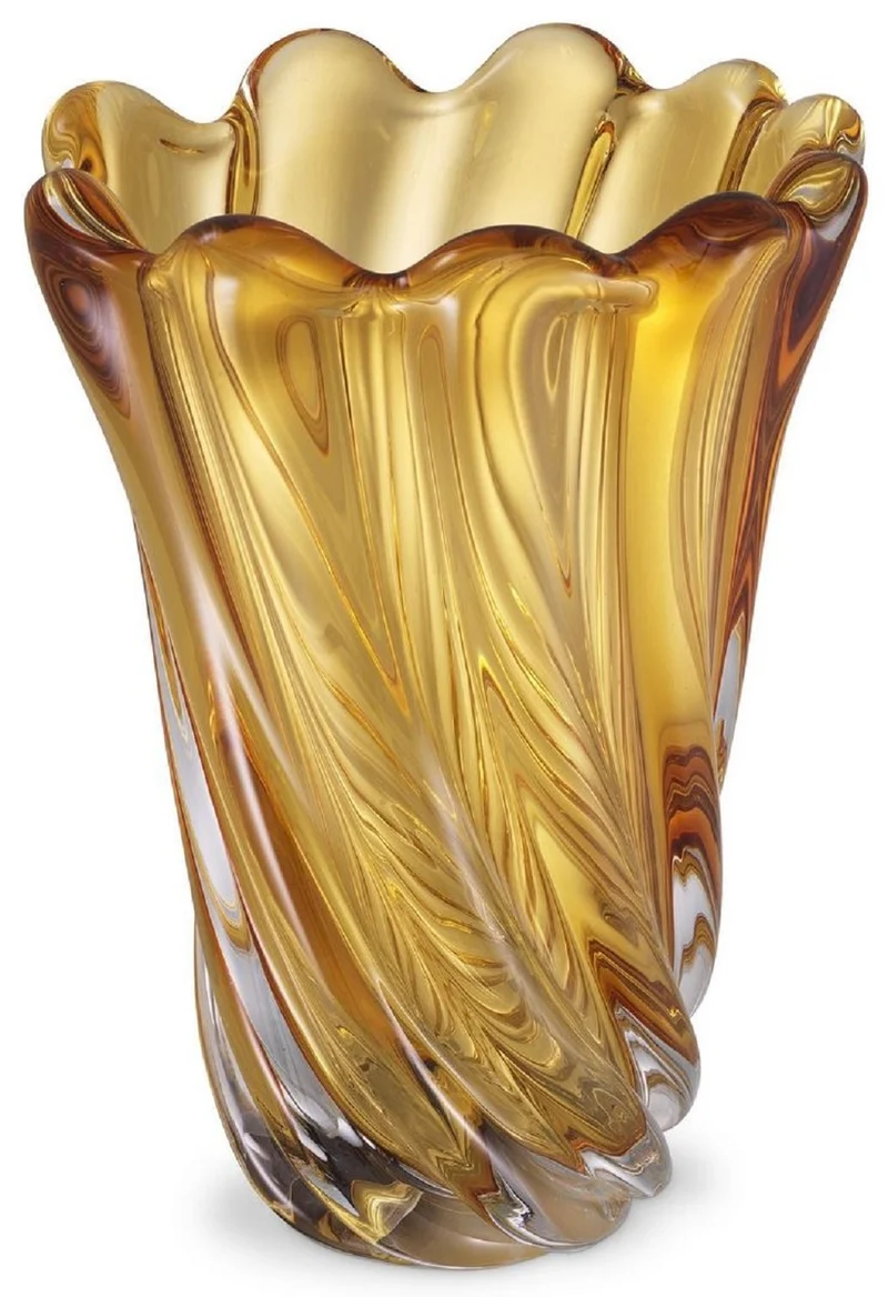 Casa Padrino Luxus Deko Glas Vase Gelb Ø 20,5 x H. 29 cm - Mundgeblasene Blumenvase - Luxus Deko Accessoires