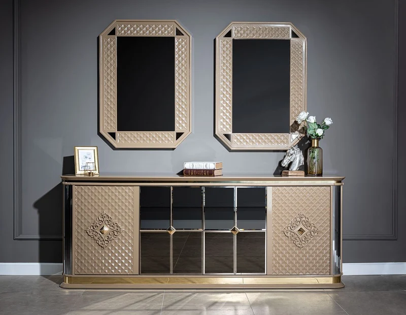 Casa Padrino Luxus Art Deco Möbel Set Beige / Gold - 1 Sideboard & 2 Spiegel - Edel & Prunkvoll