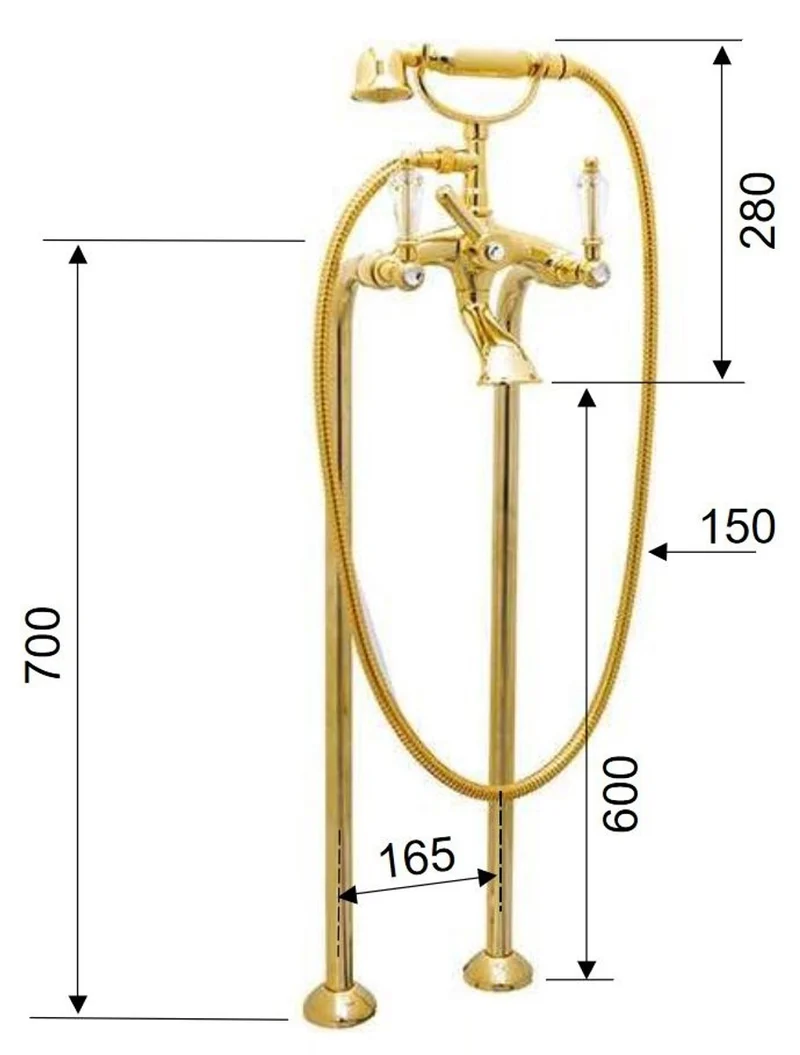 Casa Padrino Luxus Jugendstil Badewannenarmatur mit Swarovski Kristallglas Gold - Freistehende Badewannen Armatur mit Standfüßen und Handbrause - Nostalgisches Badezimmer Zubehör