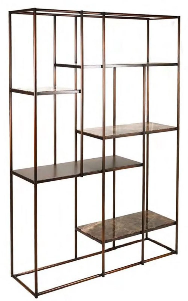 Casa Padrino Luxus Regalschrank Bronzefarben / Braun 140 x 42,3 x H. 200 cm - Metall Schrank mit Emperador Marmor - Wohnzimmerschrank - Bücherschrank - Wohnzimmer Möbel