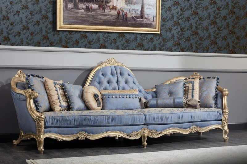 Casa Padrino Luxus Barock Wohnzimmer Set Hellblau / Weiß / Antik Gold - 2 Sofas & 2 Sessel & 1 Couchtisch & 2 Beistelltische - Barock Wohnzimmer Möbel - Edel & Prunkvoll