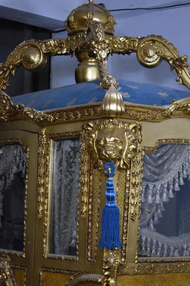 Casa Padrino Luxus Barock Königskutsche Gold / Blau / Grau - Prunkvolle Pferde Kutsche im Barockstil - Luxus Qualität - Edel & Prunkvoll