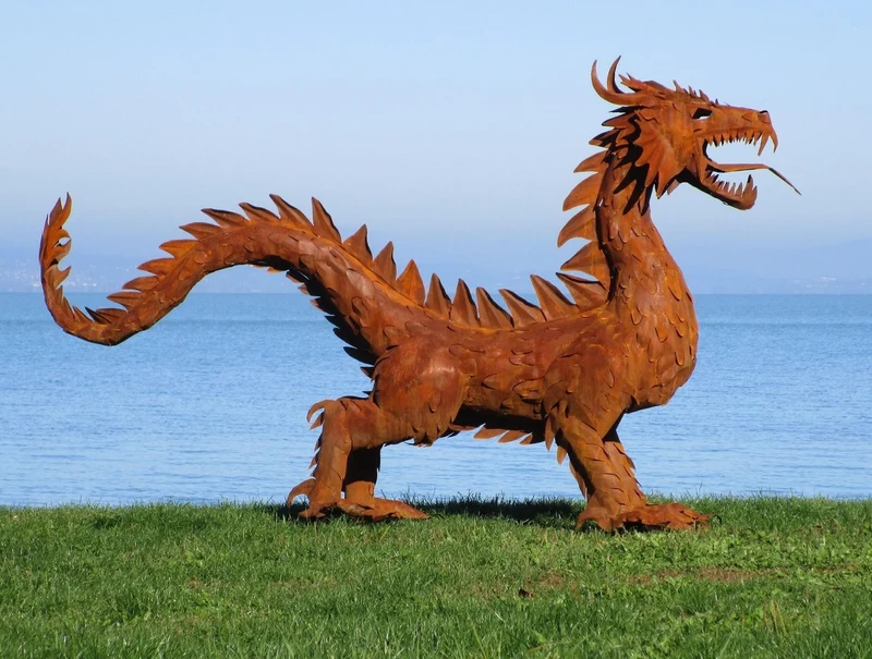 Casa Padrino Luxus Gartendeko Skulptur Drache Rostfarben 290 x 75 x H. 177 cm - Riesige Stahl Deko Figur - Gartenfigur - Hotel Garten Deko