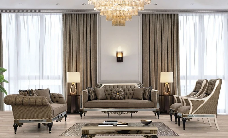 Casa Padrino Luxus Barock Wohnzimmer Set Braun / Weiß / Schwarz / Gold - 2 Sofas & 2 Sessel & 1 Couchtisch - Wohnzimmer Möbel im Barockstil - Edel & Prunkvoll
