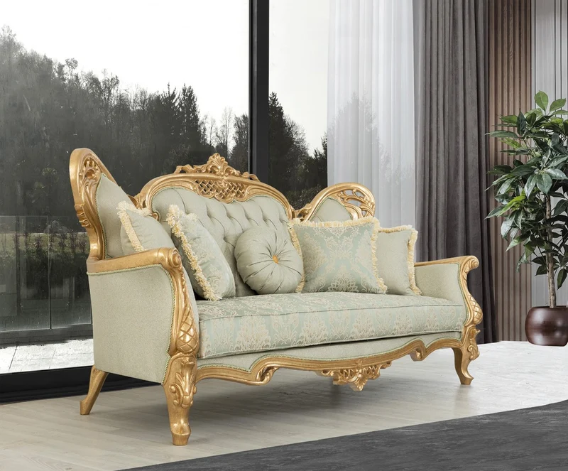 Casa Padrino Luxus Barock Wohnzimmer Set Hellgrün / Gold - 2 Sofas & 2 Sessel & 1 Couchtisch - Handgefertigte Barock Wohnzimmer Möbel - Edel & Prunkvoll