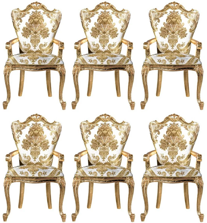 Casa Padrino Luxus Barock Esszimmerstuhl Set Weiß / Gold - 6 handgefertigte Küchen Stühle mit Armlehnen und elegantem Muster - Barock Esszimmer Möbel - Edel & Prunkvoll