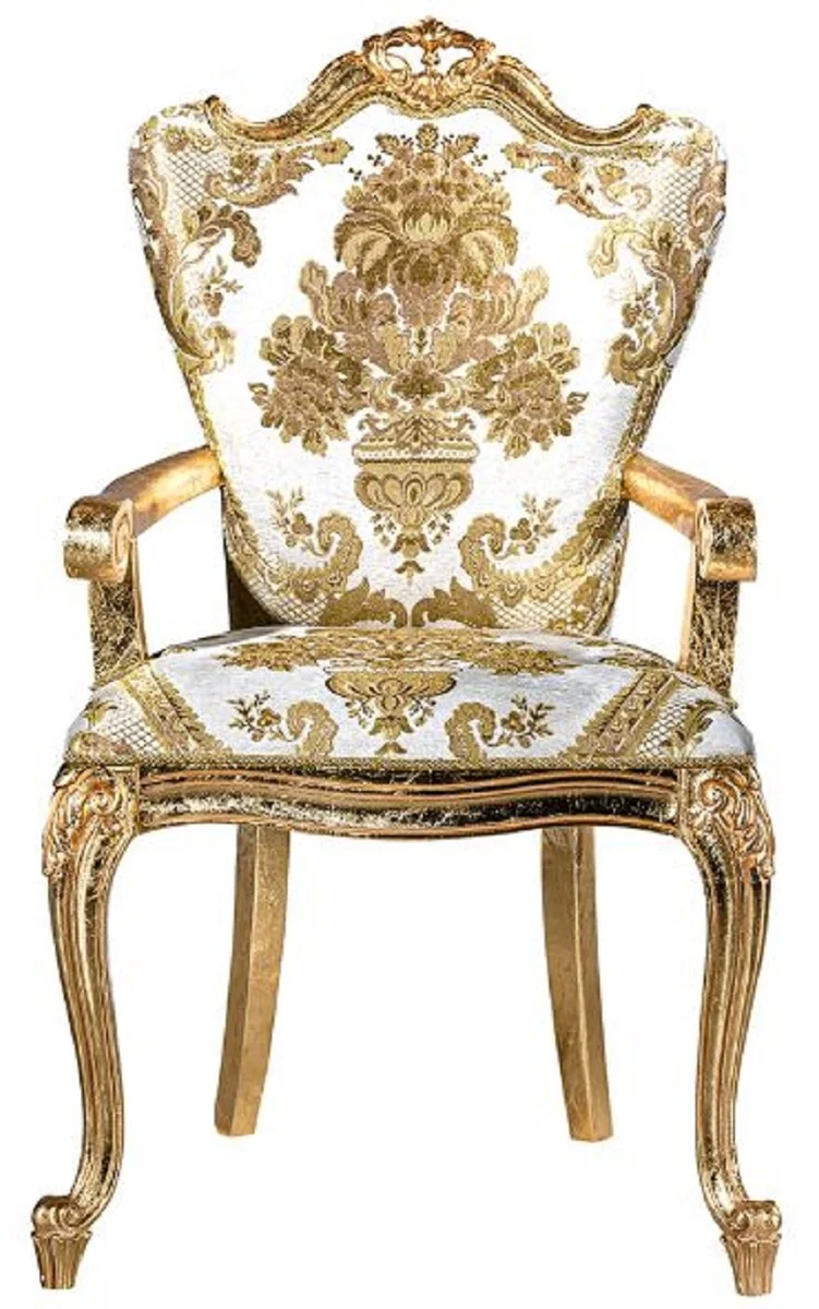 Casa Padrino Luxus Barock Esszimmerstuhl Set Weiß / Gold - 6 handgefertigte Küchen Stühle mit Armlehnen und elegantem Muster - Barock Esszimmer Möbel - Edel & Prunkvoll