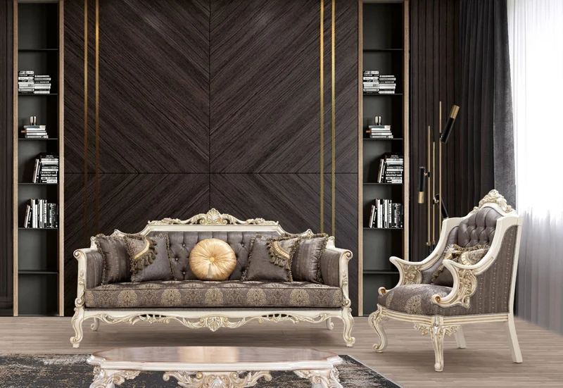 Casa Padrino Luxus Barock Sofa Grau / Braun / Weiß / Gold / Silber - Handgefertigtes Wohnzimmer Sofa mit elegantem Muster und Glitzersteinen - Barock Wohnzimmer Möbel - Edel & Prunkvoll