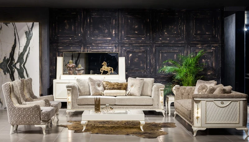 Casa Padrino Luxus Barock Sofa Hellgrau / Weiß / Gold - Beleuchtetes Wohnzimmer Sofa im Barockstil - Barock Wohnzimmer Möbel - Edel & Prunkvoll