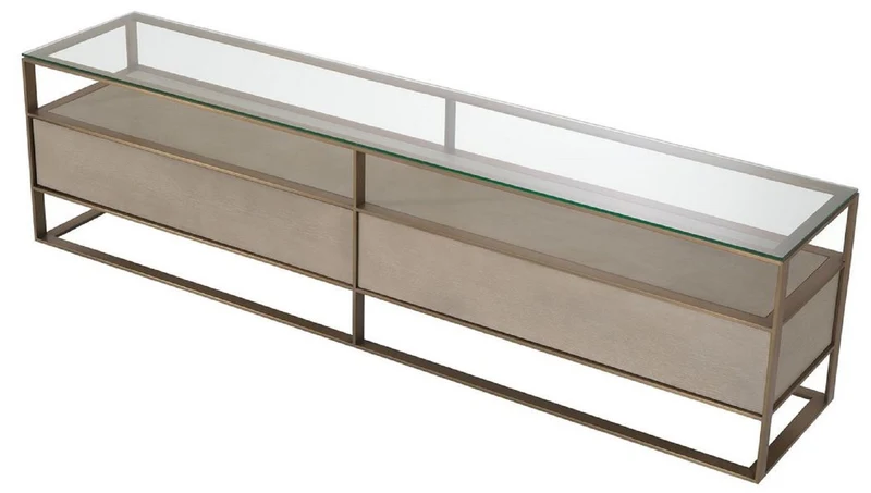 Casa Padrino Luxus Fernsehschrank 220 x 46 x H. 56,5 cm - Sideboard mit Glasplatte und 2 Schubladen - Luxus Wohnzimmer Möbel