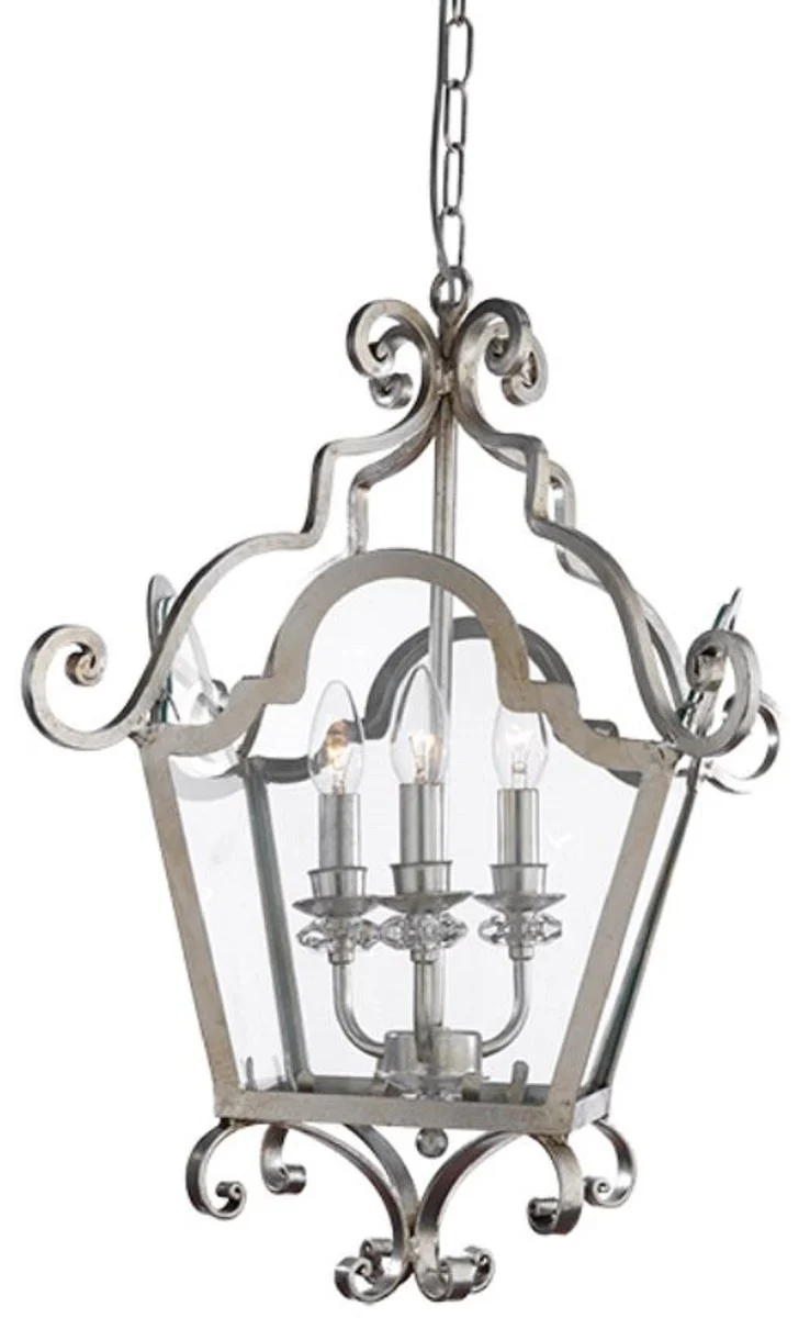 Casa Padrino Luxus Barock Wohnzimmer Hängeleuchte Silber 40 x 40 x H. 62 cm - Handgefertigte Metall Laterne mit Swarovski Kristallglas - Luxus Qualität - Made in Italy - Edel & Prunkvoll