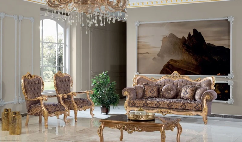 Casa Padrino Luxus Barock Sessel Lila / Grau / Gold 80 x 90 x H. 123 cm - Handgefertigter Wohnzimmer Sessel mit elegantem Muster - Barock Wohnzimmer Möbel - Edel & Prunkvoll