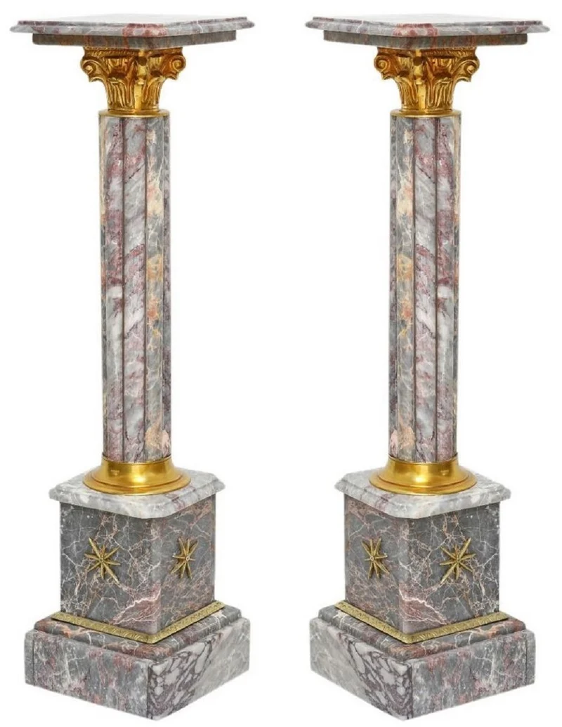 Casa Padrino Barock Marmor Säulen Set Grau / Gold - Prunkvolle Deko Säulen im Barockstil - Barock Deko Accessoires - Edel & Prunkvoll