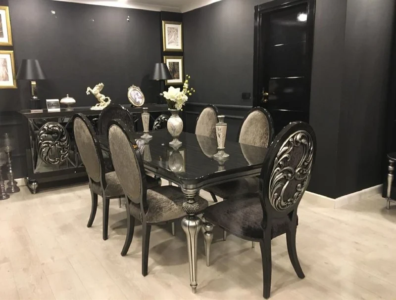 Casa Padrino Luxus Barock Esszimmer Set Schwarz / Grau / Silber - 1 Esszimmertisch & 6 Esszimmerstühle - Barock Esszimmer Möbel - Edel & Prunkvoll