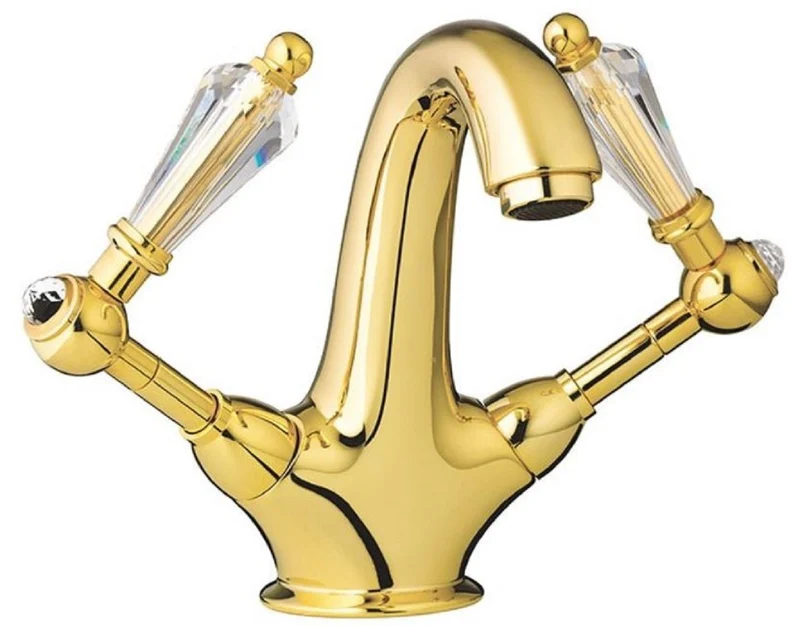 Casa Padrino Luxus Jugendstil Waschtisch Armatur mit Swarovski Kristallglas Gold H. 17,5 cm - Nostalgisches Bad Zubehör - Luxus Qualität - Made in Italy