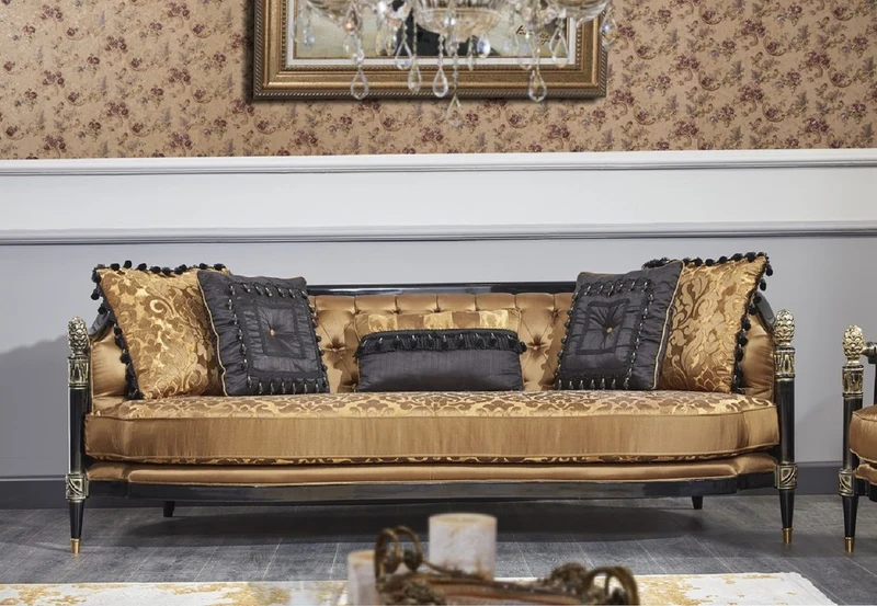 Casa Padrino Luxus Barock Wohnzimmer Set Gold / Schwarz - 2 Sofas & 2 Sessel & 1 Couchtisch & 2 Beistelltische - Prunkvolle Barock Möbel - Luxus Qualität