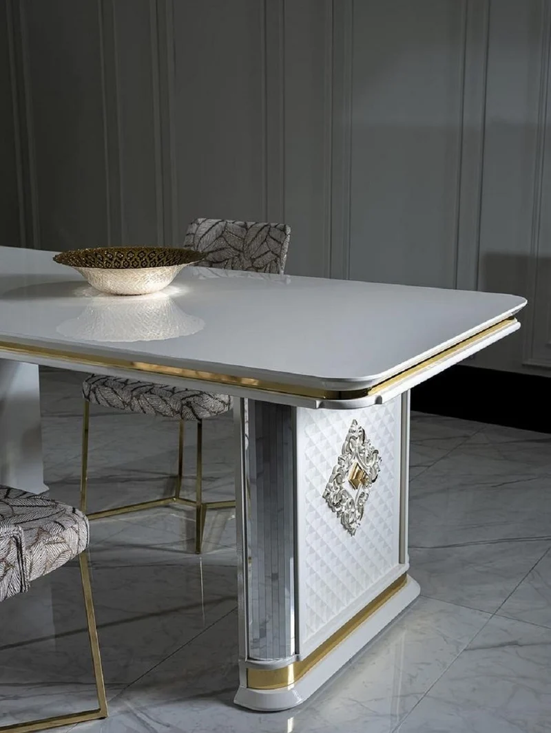 Casa Padrino Luxus Art Deco Esstisch Weiß / Gold - Handgefertigter Massivholz Küchentisch mit Spiegelglas - Art Deco Esszimmer Möbel