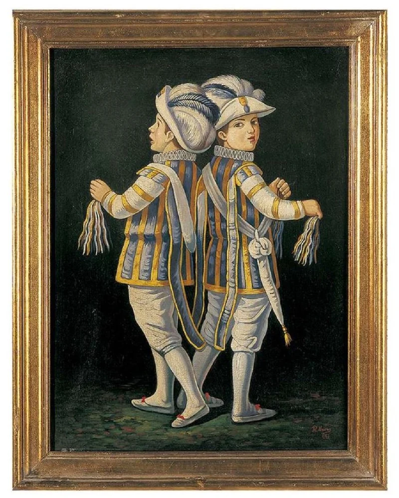 Casa Padrino Luxus Barock Ölgemälde Zwillinge Blau / Mehrfarbig / Gold 64 x H. 82 cm - Handgemaltes Gemälde im Barockstil - Barock Wand Deko