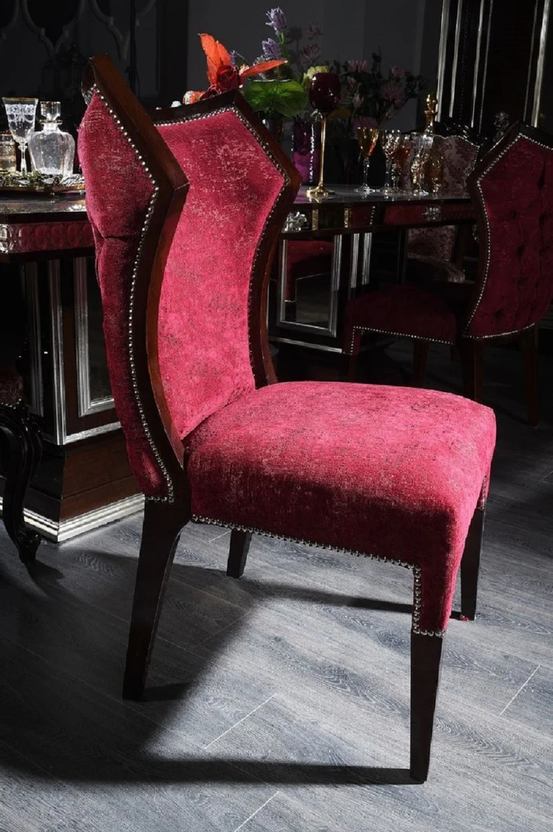 Casa Padrino Luxus Barock Esszimmerstuhl Bordeauxrot / Dunkelbraun / Silber - Handgefertigter Massivholz Küchenstuhl - Prunkvolle Esszimmer Möbel im Barockstil