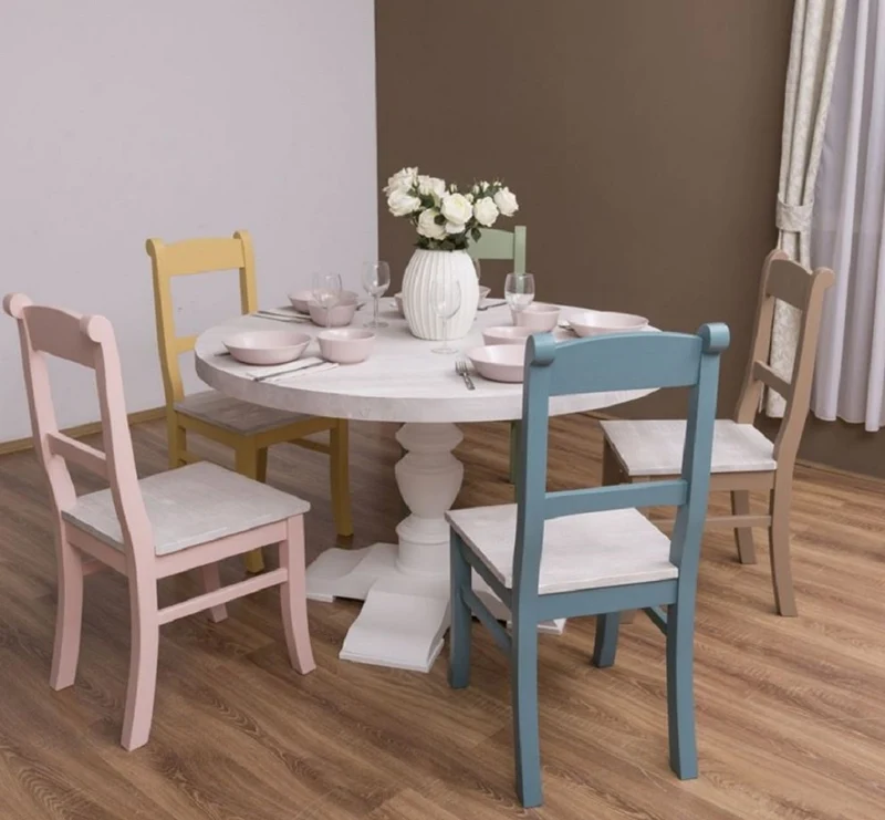 Casa Padrino Landhausstil Esszimmer Möbel Set Hellgrau / Bunt - 1 Esstisch & 5 Esszimmerstühle - Massivholz Esszimmer Möbel - Landhausstil Möbel