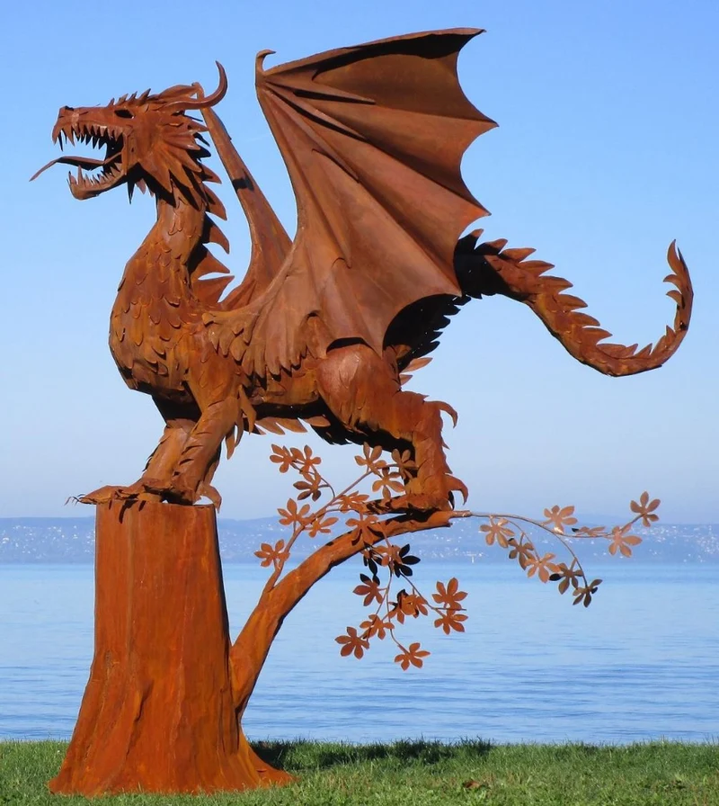 Casa Padrino Luxus Gartendeko Skulptur Drache Rostfarben 290 x 235 x H. 295 cm - Riesige Stahl Deko Figur - Gartenfigur - Hotel Garten Deko
