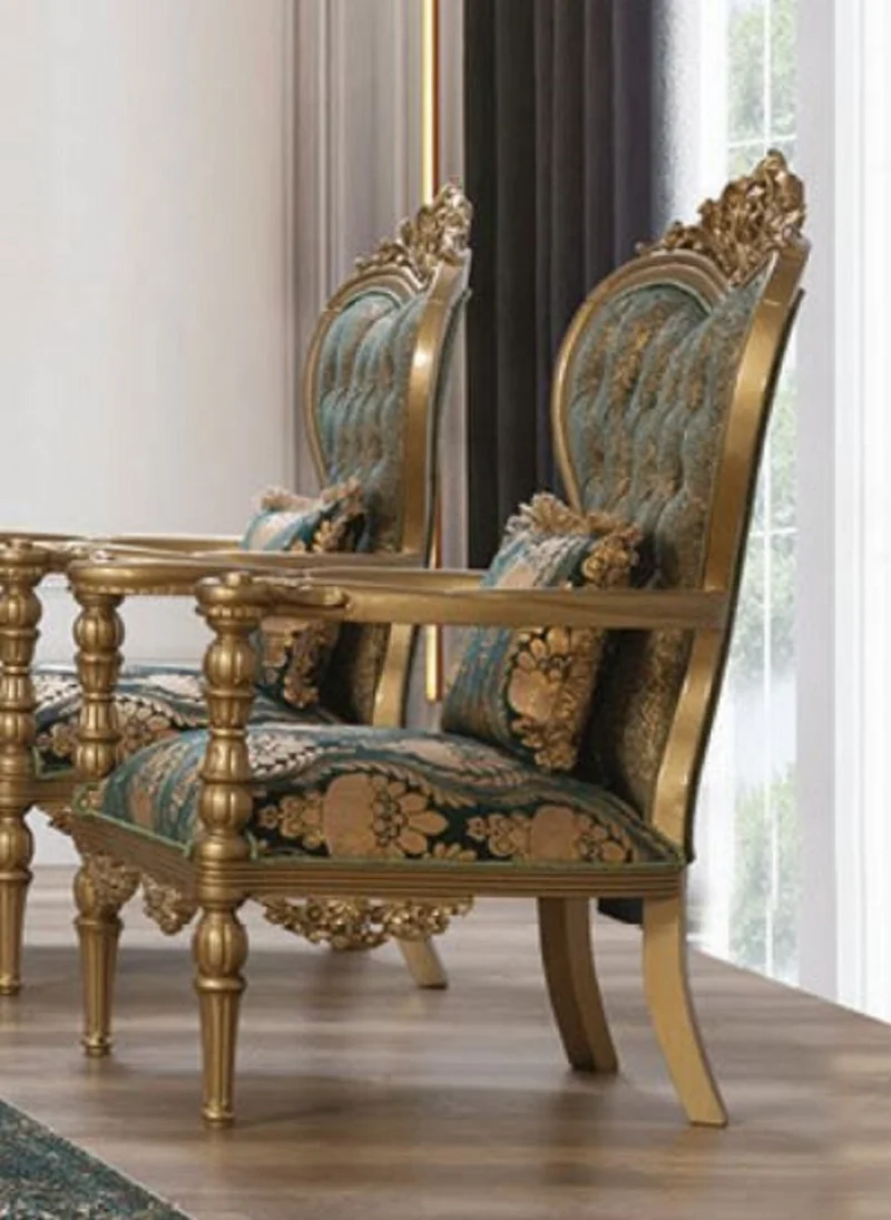 Casa Padrino Luxus Barock Wohnzimmer Set Grün / Gold - 2 Sofas & 2 Sessel & 1 Couchtisch - Wohnzimmer Möbel im Barockstil - Edel & Prunkvoll