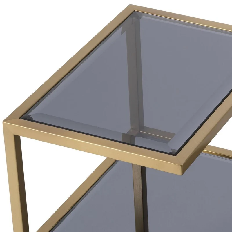 Casa Padrino Luxus Beistelltisch Messingfarben / Grau 70 x 42 x H. 60 cm - Edelstahl Tisch mit getönten Glasplatten - Luxus Wohnzimmer Möbel