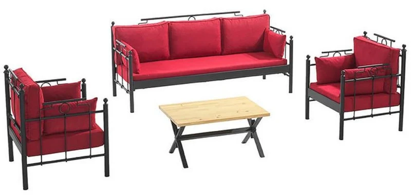 Casa Padrino Jugendstil Gartenmöbel Set Bordeauxrot / Schwarz - 1 Sofa & 2 Sessel & 1 Tisch - Garten & Terrassen Möbel im Jugendstil