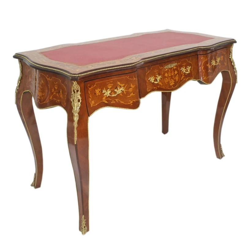 Casa Padrino Barock Sekretär Mahagoni Intarsien / Gold / Bordeaux 120 cm - Handgefertigter Antik Stil Scheibtisch - Barock Büro Möbel