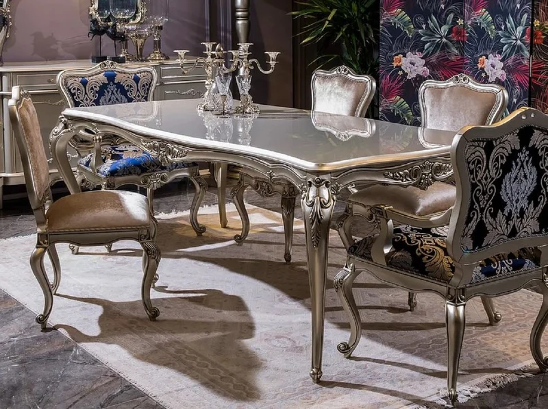 Casa Padrino Luxus Barock Esstisch Silber - Prunkvoller Massivholz Esszimmertisch - Prunkvolle Barock Esszimmer Möbel