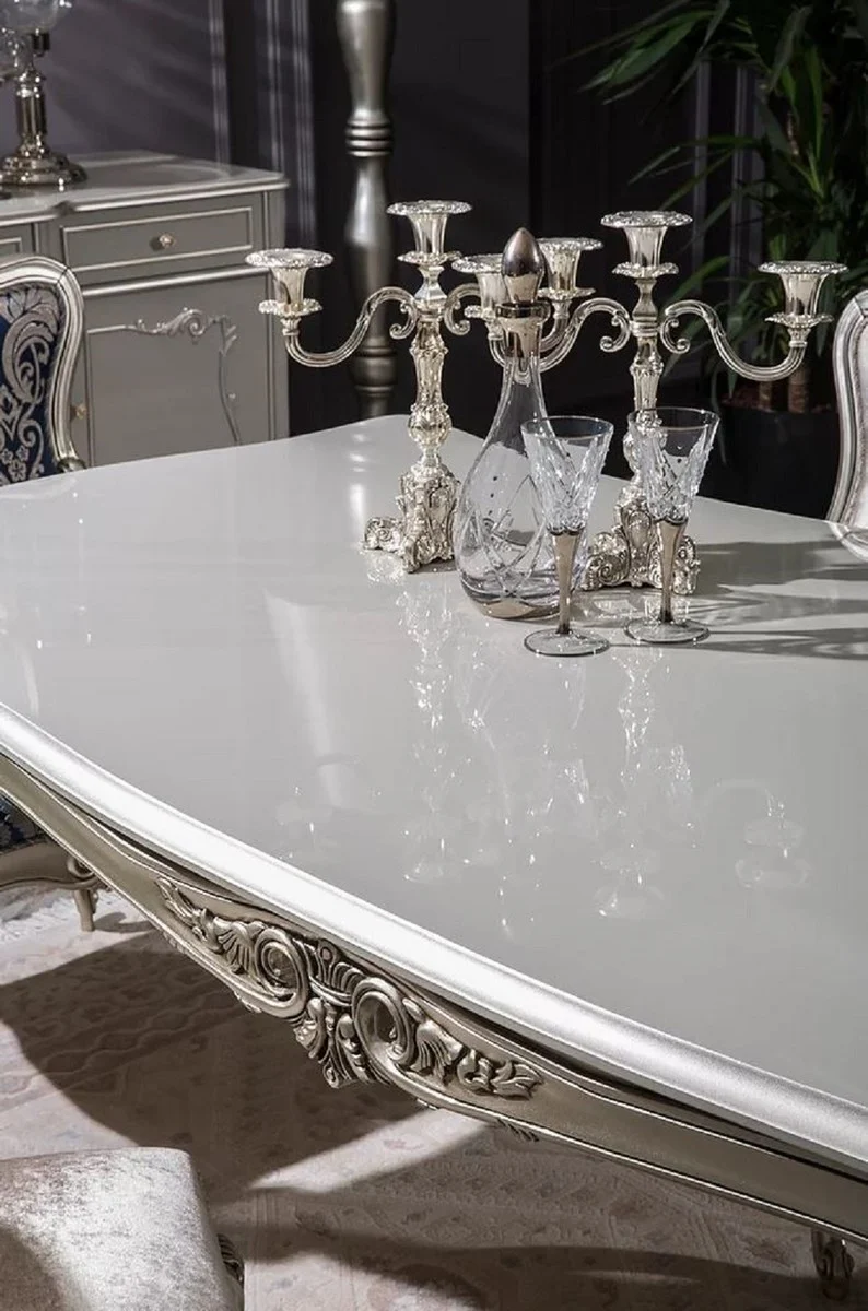 Casa Padrino Luxus Barock Esstisch Silber - Prunkvoller Massivholz Esszimmertisch - Prunkvolle Barock Esszimmer Möbel