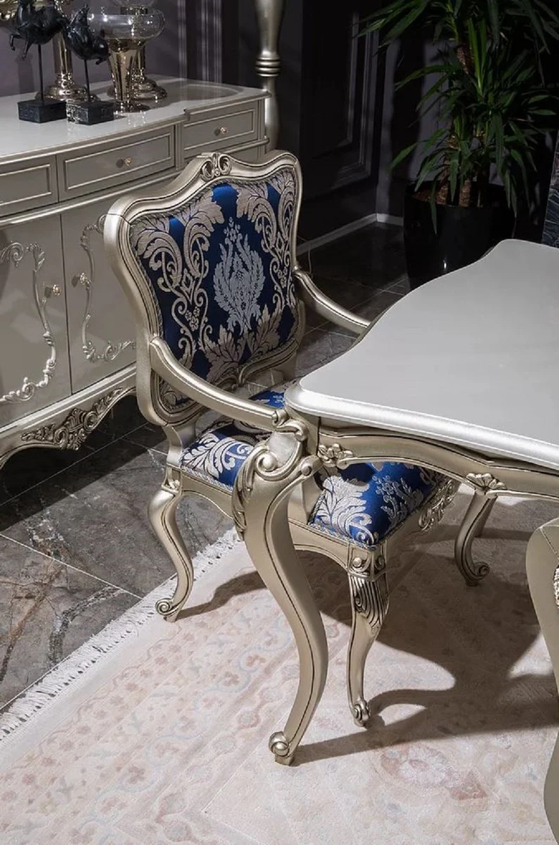 Casa Padrino Luxus Barock Esstisch Silber - Prunkvoller Massivholz Esszimmertisch - Prunkvolle Barock Esszimmer Möbel