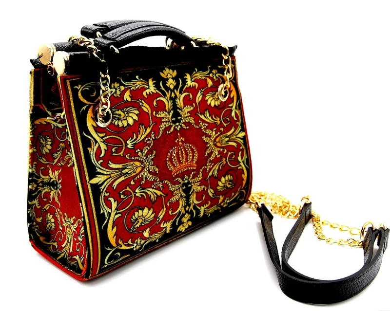 Pompöös by Casa Padrino Luxus Damen Handtasche Baroque Flowers mit Krone und Strass Steine Bordeauxrot / Schwarz / Gold 25 x H. 20 cm - designed by Harald Glööckler