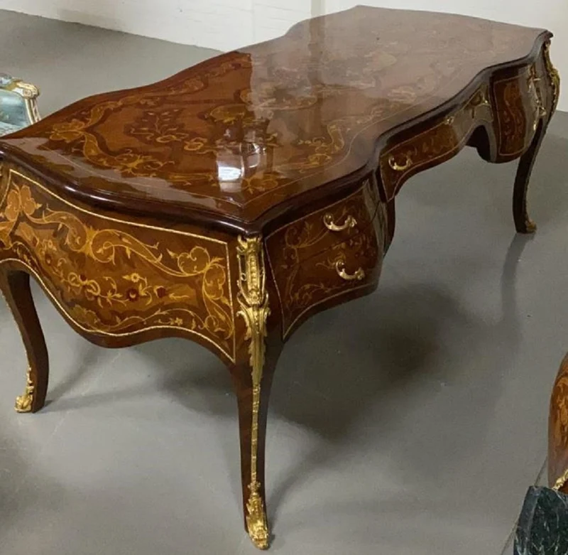 Casa Padrino Barock Schreibtisch Mahagoni Intarsien / Gold - Handgefertigter Antik Stil Sekretär mit 5 Schubladen - Barock Büro Möbel