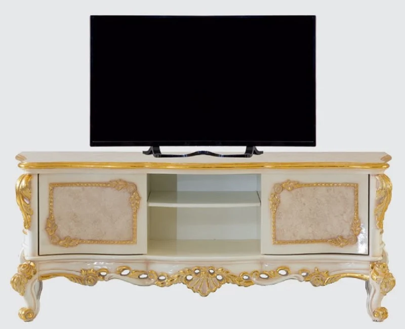 Casa Padrino Luxus Barock TV Schrank Beige / Weiß / Gold - Prunkvolles Wohnzimmer Sideboard mit 2 Türen - Barock Wohnzimmer Möbel
