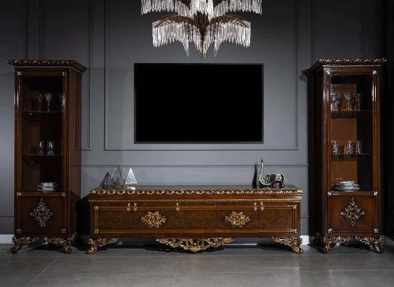 Casa Padrino Luxus Barock TV Schrank Braun / Gold - Prunkvolles Wohnzimmer Sideboard mit 5 Türen - Barock Wohnzimmer Möbel