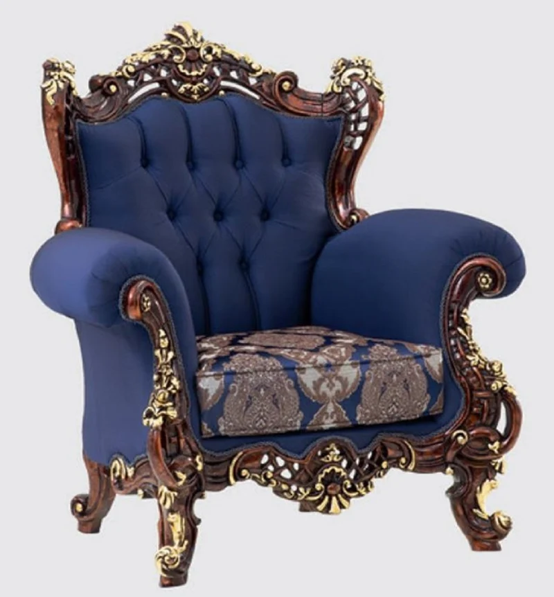 Casa Padrino Luxus Barock Wohnzimmer Set Blau / Dunkelbraun / Gold - 2 Sofas & 2 Sessel & 1 Couchtisch - Handgefertigte Wohnzimmer Möbel im Barockstil - Edel & Prunkvoll