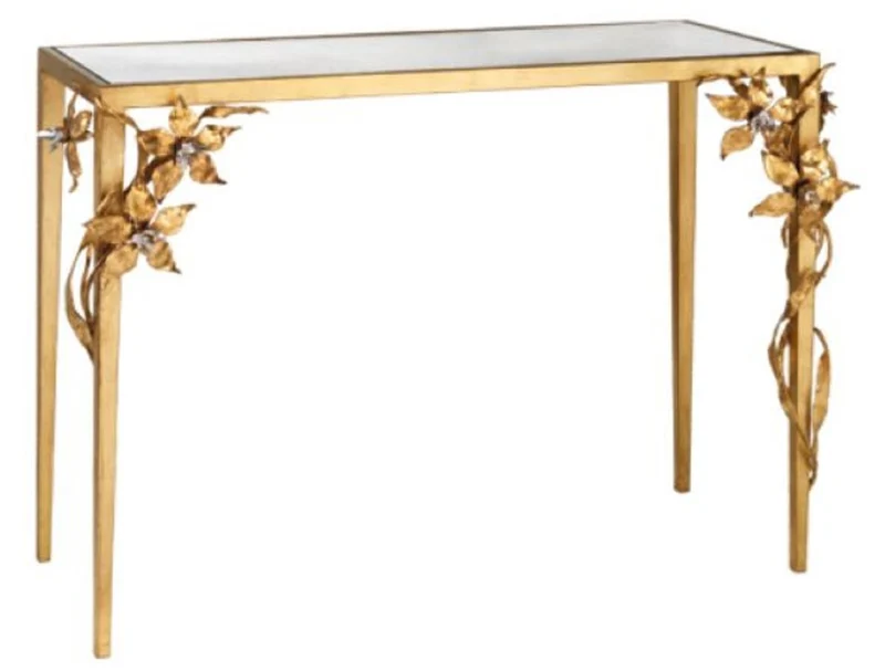 Casa Padrino Luxus Konsole mit dekorativen handgeschmiedeten Blumen Gold 120 x 45 x H. 95 cm - Edler Konsolentisch mit Glasplatte und Swarovski Kristallglas - Luxus Möbel