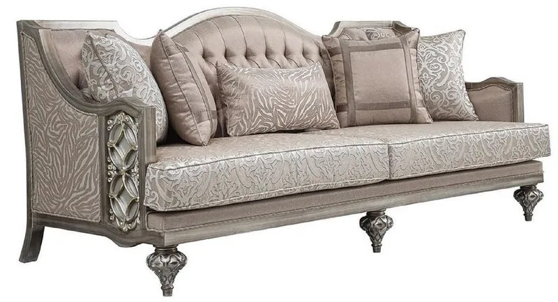 Casa Padrino Luxus Barock Wohnzimmer Sofa Rosa / Silber - Handgefertigtes Massivholz Sofa mit elegantem Muster und dekorativen Kissen - Wohnzimmer Möbel im Barockstil