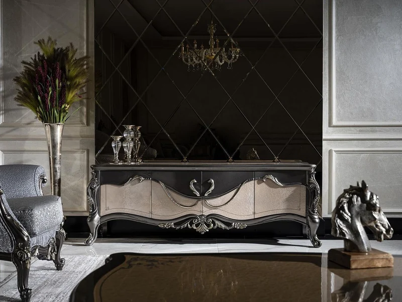 Casa Padrino Luxus Barock TV Schrank Dunkelgrau / Beige / Gold - Prunkvolles Wohnzimmer Sideboard mit 4 Türen - Barock Wohnzimmer Möbel