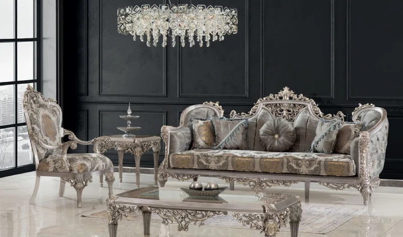 Casa Padrino Luxus Barock Wohnzimmer Set Grau / Silber / Gold - 2 Sofas & 2 Sessel & 1 Couchtisch & 2 Beistelltische - Handgefertigte Wohnzimmer Möbel im Barockstil - Edel & Prunkvoll