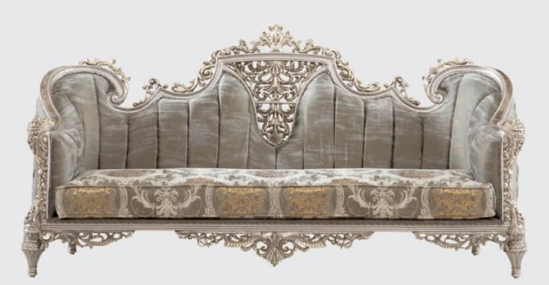 Casa Padrino Luxus Barock Wohnzimmer Set Grau / Silber / Gold - 2 Sofas & 2 Sessel & 1 Couchtisch & 2 Beistelltische - Handgefertigte Wohnzimmer Möbel im Barockstil - Edel & Prunkvoll