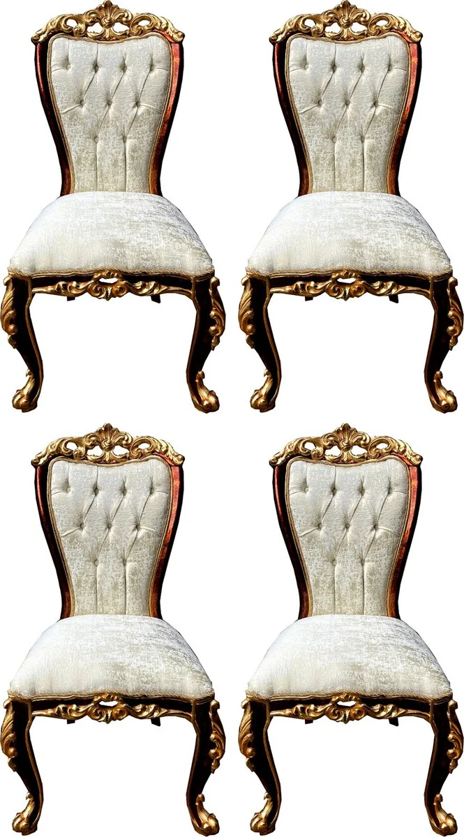 Casa Padrino Luxus Barock Esszimmerstuhl Set Cremefarben / Braun / Gold - 4 Handgefertigte Küchen Stühle im Barockstil - Barock Esszimmer Möbel - Edel & Prunkvoll