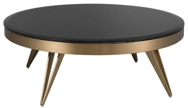 Casa Padrino Luxus Couchtisch Messingfarben / Schwarz Ø 90 x H. 33 cm - Runder Edelstahl Wohnzimmertisch mit Glasplatte - Wohnzimmer Möbel - Luxus Möbel