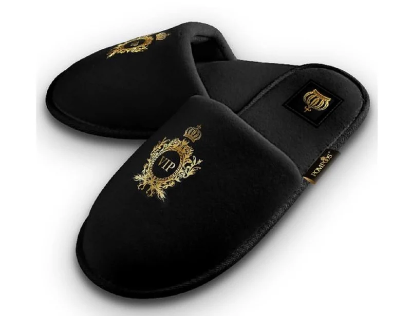 Pompöös by Casa Padrino Luxus Damen VIP Hotelslipper mit Krone Schwarz / Gold - designed by Harald Glööckler