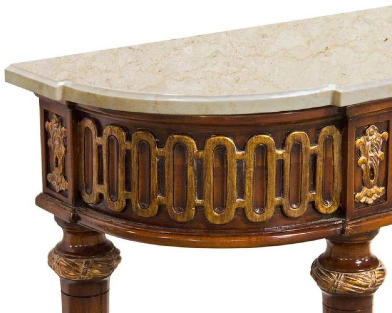Casa Padrino Luxus Barock Konsole Braun / Gold / Cremefarben - Handgefertigter Massivholz Konsolentisch mit edlen Verzierungen und Marmorplatte - Barock Möbel