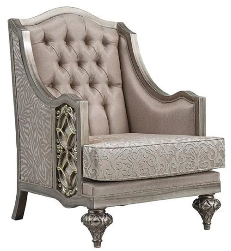 Casa Padrino Luxus Barock Sessel Rosa / Silber - Handgefertigter Barockstil Sessel mit elegantem Muster und dekorativem Kissen - Prunkvolle Barock Wohnzimmer Möbel