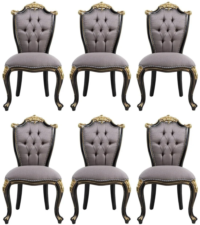 Casa Padrino Luxus Barock Esszimmerstuhl Set Silber / Schwarz / Gold - Handgefertigtes Küchen Stühle 6er Set - Barock Esszimmer Möbel - Edel & Prunkvoll