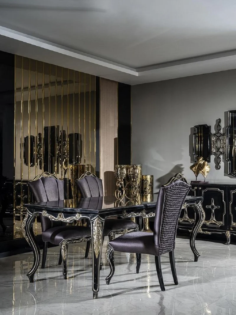 Casa Padrino Luxus Barock Esszimmerstuhl Set Lila / Schwarz / Gold - Handgefertigtes Küchen Stühle 6er Set - Barock Esszimmer Möbel - Edel & Prunkvoll